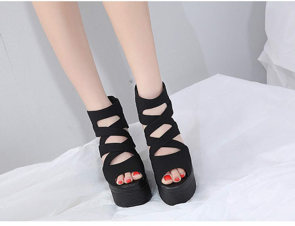 Jimei House Women's Platform Sandals, Open Toe, Black, Lightweight, Easy to Walk in, Zippered Wedges, 14cm High Heel, 5.5cm Waterproof, Summer