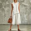 Women's Pink Sleeveless Two Piece Set Side Button Detail Wide Leg Cropped Pants
