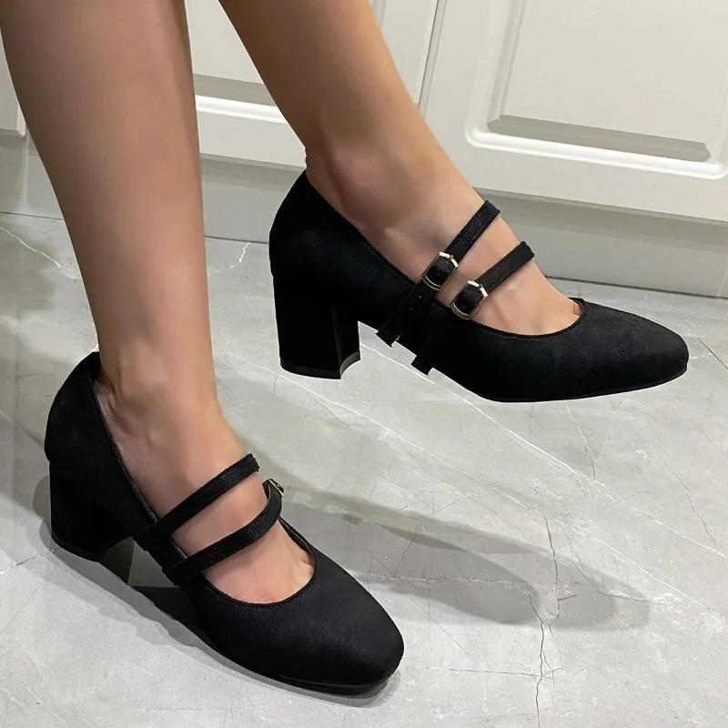 2025 New Shoes Female Buckle Strap Women's High Heels Round Toe Office and Career Hot Sale Plus Size Solid High Heels