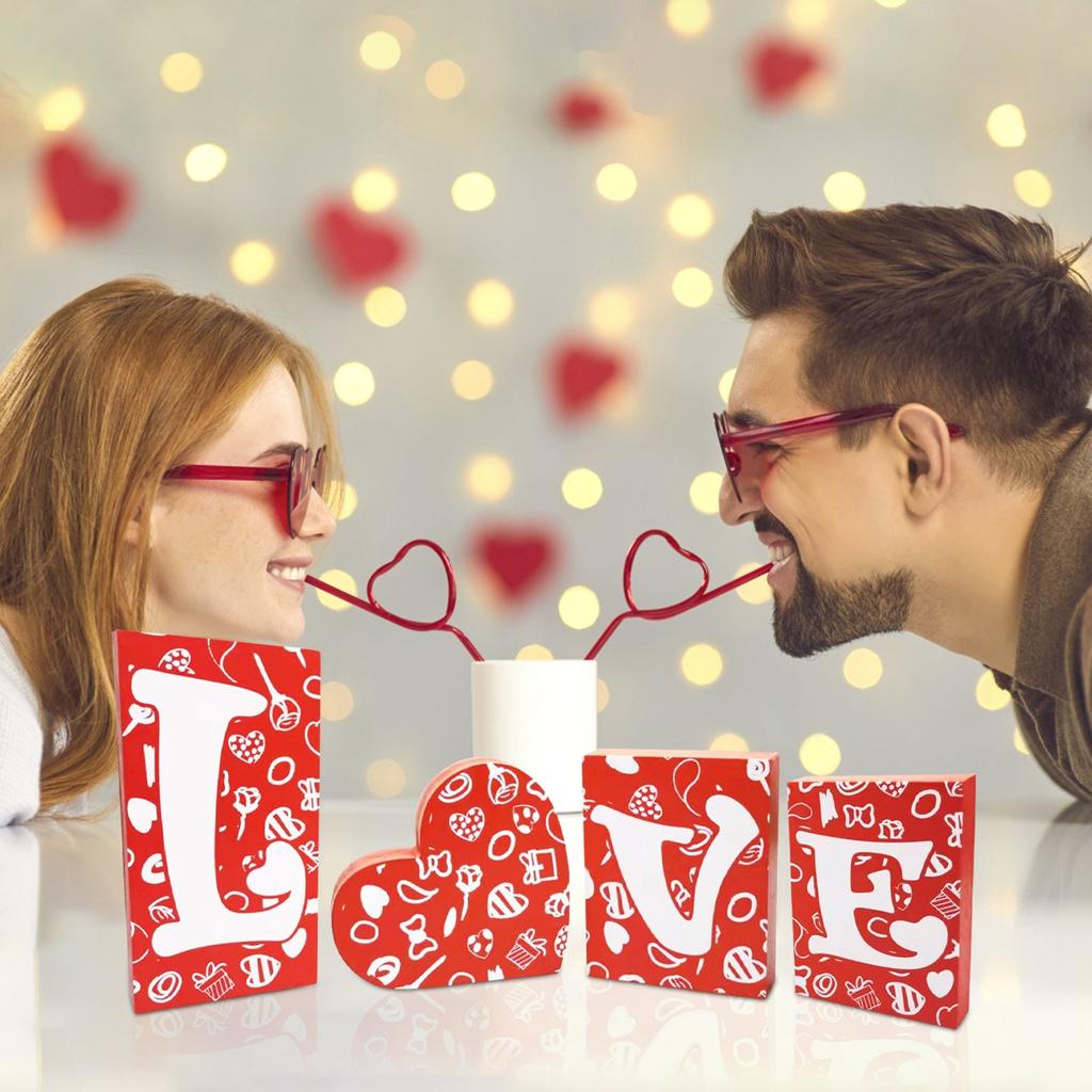 LOVE Letter Ornaments Wedding Red Square Ornaments Home Couple Wooden Crafts Decoration