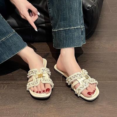 Xiaoxiangfeng flache coole Hausschuhe Damen Sommer Design Sinn Mode tragen Feenstil weiche Sohle lässig Perle Ein-Wort-Schleppe