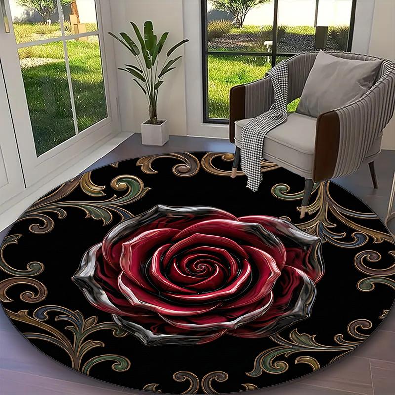 1pc Gothic Black Rose Carpet for Room Floor Mat, Comfortable Office Chair Printed Round Rug, Beautiful Hotel Rug