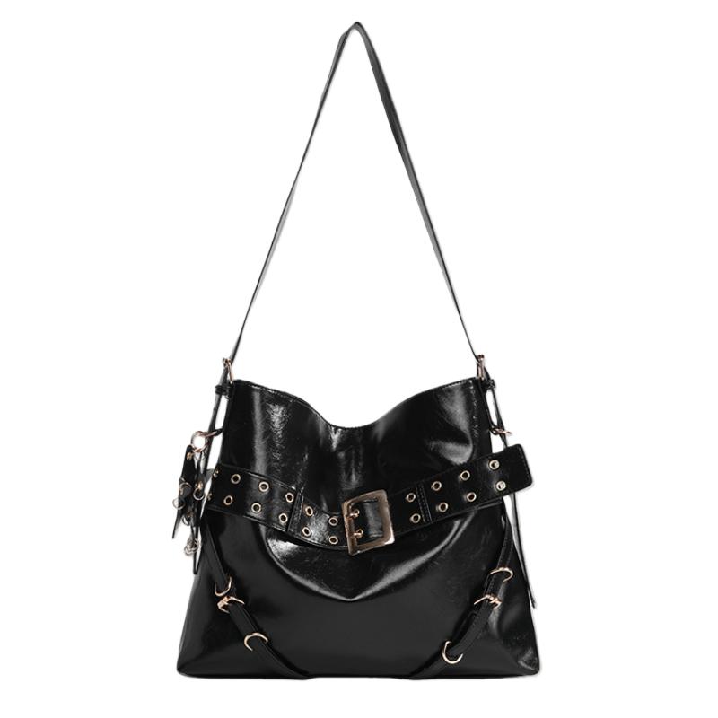 Stylish Rivet Belt Decoration Bucket Bag New Luxury Designer Handbag Large Capacity Black Motorcycle Bag Shoulder Bag чёрный