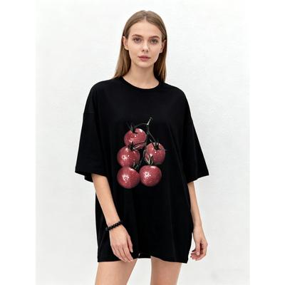 Oversized T Shirt Black Cherry Print Casual Wear for Women Summer Outfit Fashion Statement Loose Fit Top Streetwear Style