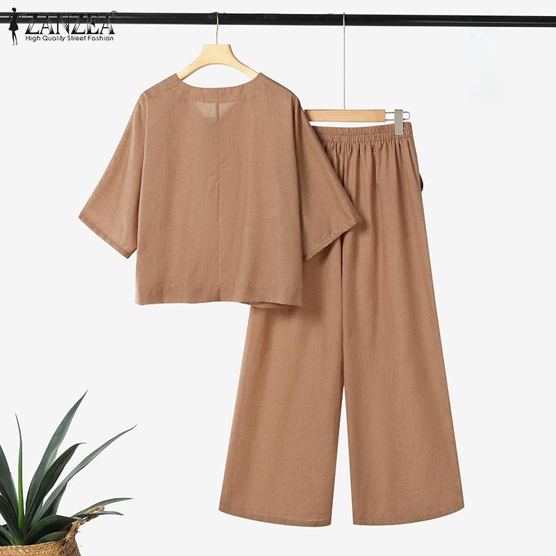 ZANZEA Women Half Sleeve Blouse and Pants Summer Two Piece Suit Sets