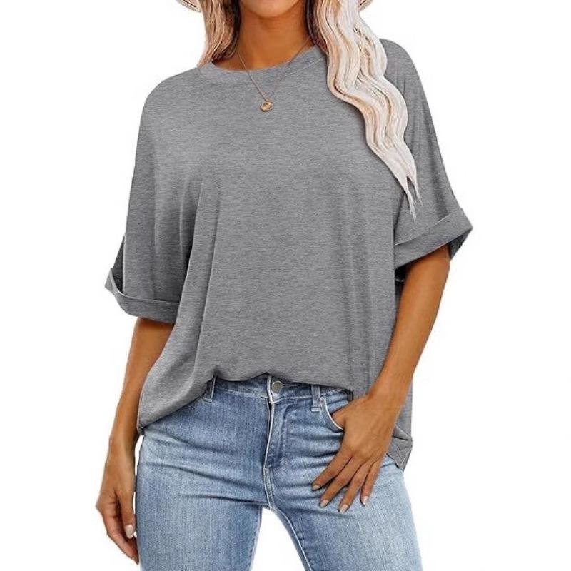 Damen Schwarzes Lockeres T-Shirt Mit Aufgeschlagenen Kurzen Ärmeln Und Rundem Ausschnitt Lässiges Sommer Oberteil