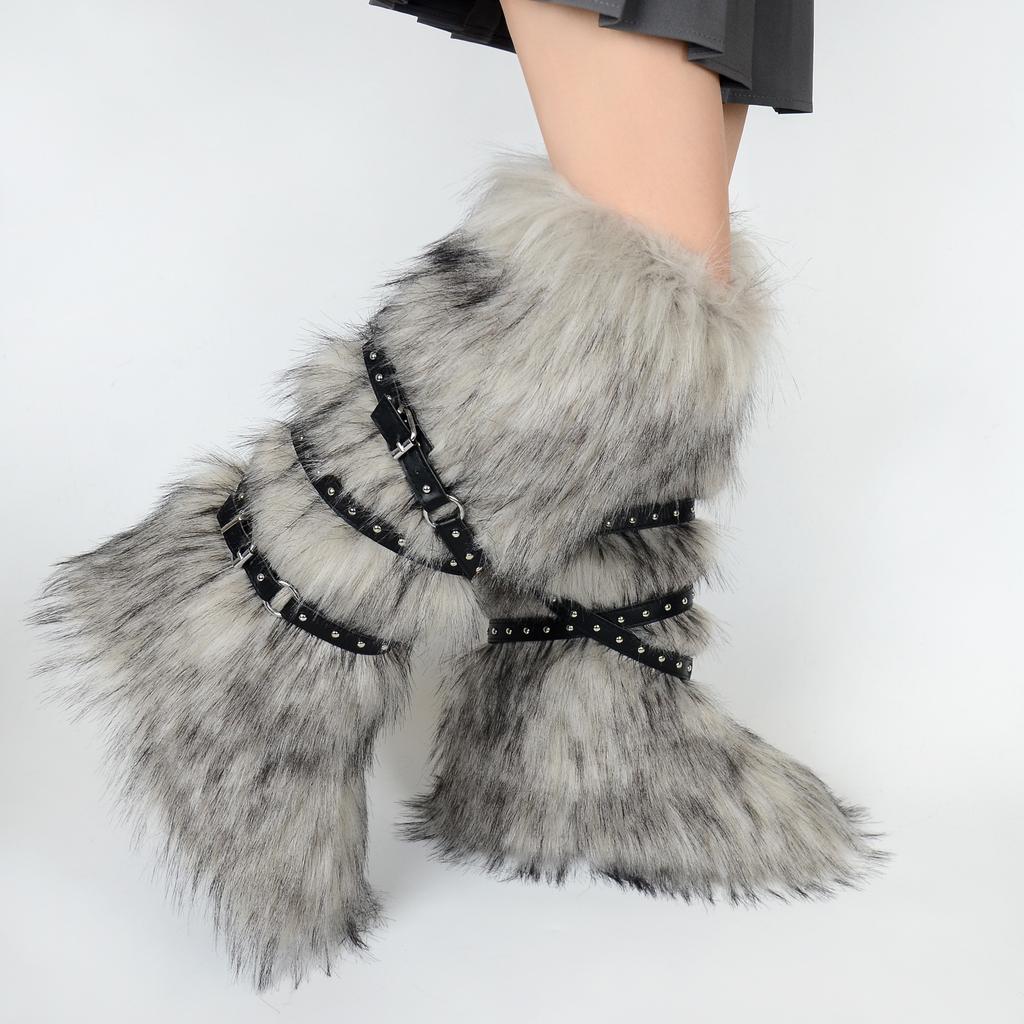 Women's Faux Fur Snow Boot Winter Warm Fluffy Long Furry Long Boots for Women Outdoor Fuzzy Knee-High Boots Plush Warm Snow Shoes for Outdoor Indoor