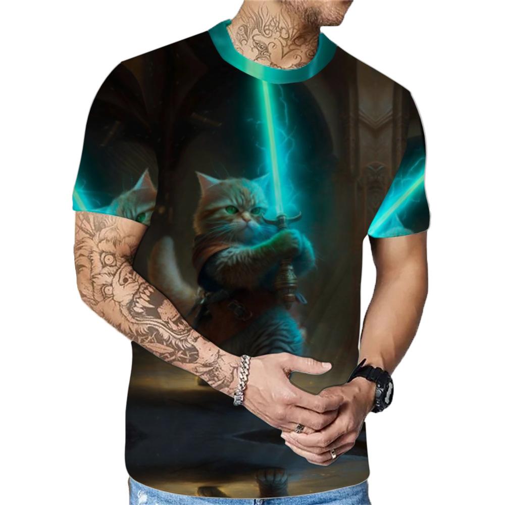 Letní Pánská Trička s Krátkým Rukávem s Módním Ležérním 3D Potiskem Kočky s Kulatým Výstřihem