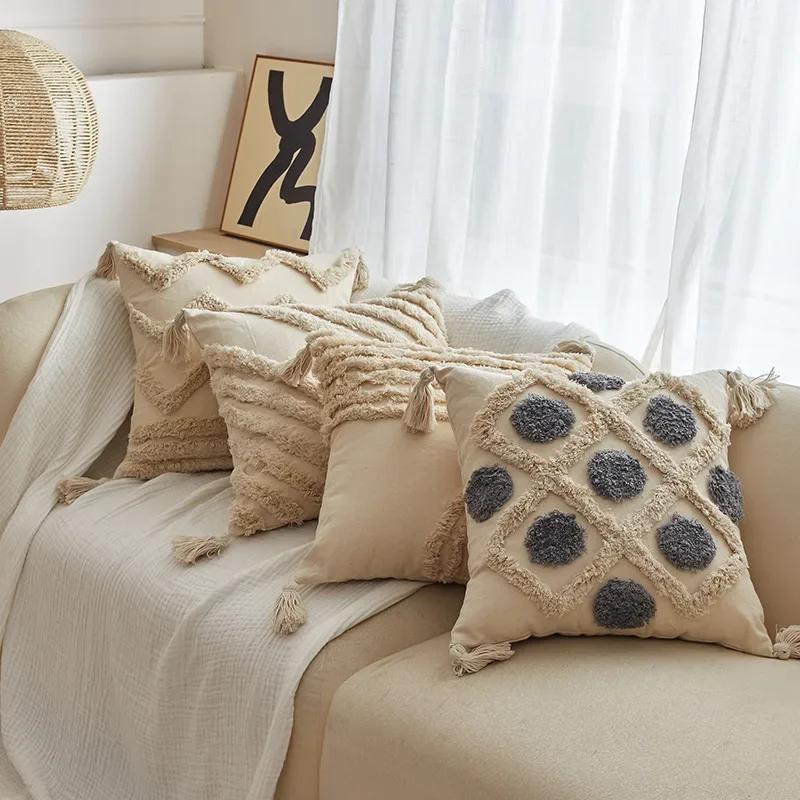 Boedia Quality Modern Throw Pillow Covers Tufted Tassel Bohemian Style Cushion Case Pillowcase Decoration for Home 45x45cm