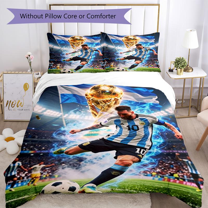 Lionel Messi Football Celebration Bedding Set,Cozy Bed Linen for Teen Room Decoration,Soccer Lover Gift,Washable Duvet Cover with Pillowcases,Football