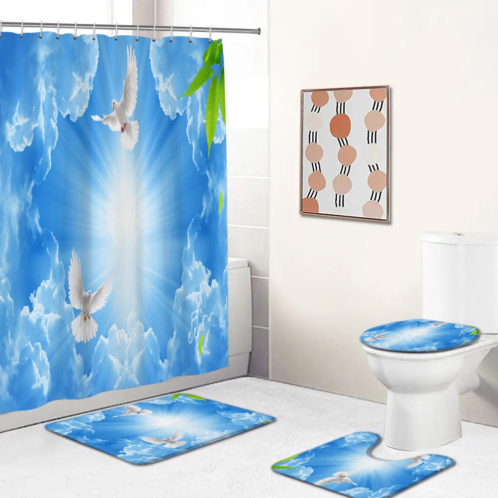 

Sunny Blue Sky Clouds Scenery Shower Curtain Sets Non-Slip Rugs Bath Mat Toilet Lid Cover Waterproof Polyester Bathroom Decor W60H190(CM)-1 Pcs