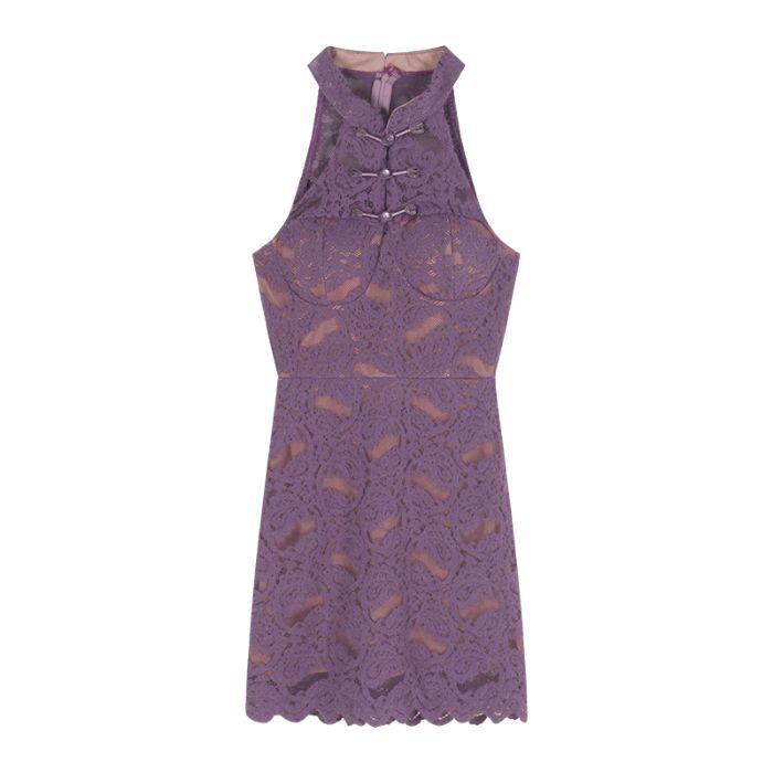 

New Chinese style purple shawl improved cheongsam lace neck dress slim fit hip skirt dating short skirt S