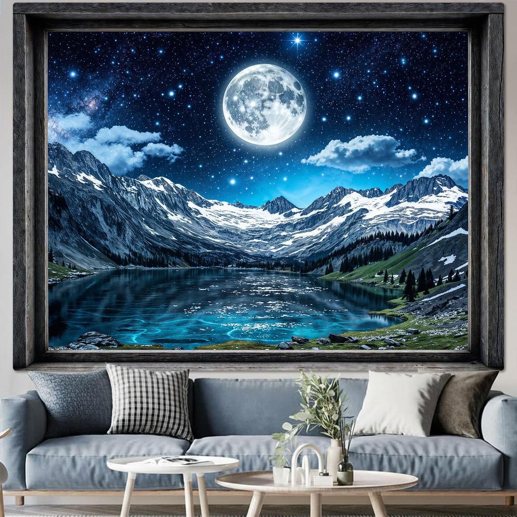 Arazzo Vista Finestra Foresta, Stampa Alberi di Pino Notturni con Luna Piena e Cielo Stellato, Appeso a Parete per Arredamento Natura e Cottagecore