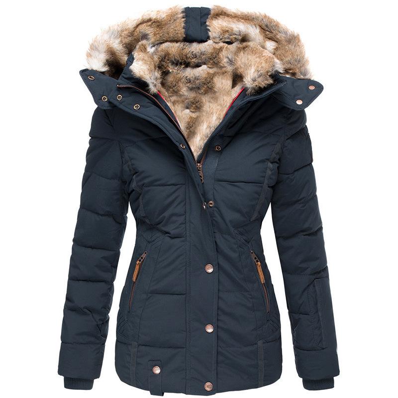 Women's Faux Fur Hooded Puffer Jacket, Winter Warm Coat with Metal Buttons