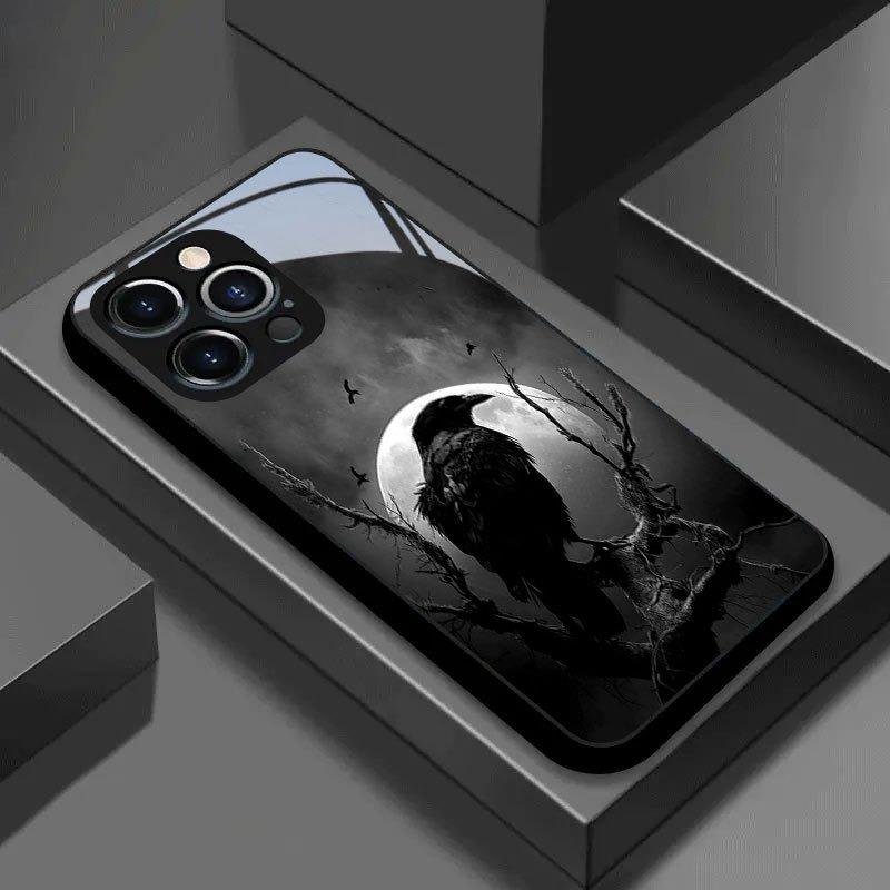 Night Raven Bright Moon Pattern Tempered Glass Phone Case For iPhone 17 16 15 14 13 12 11 Pro Max 17 Air 7 8 Plus XR XS X Cover