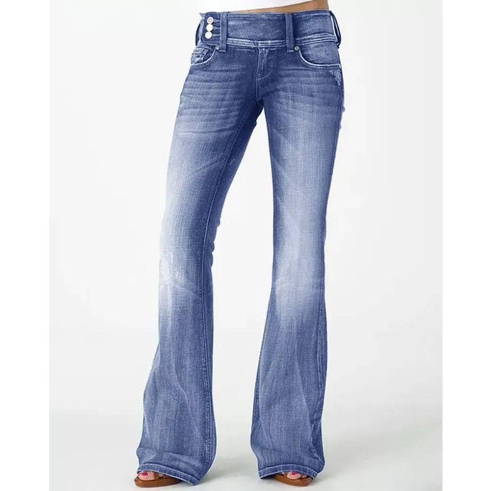 Jeans Bootcut Vita Media da Donna Pantaloni Svasati Vintage Denim Elasticizzato Lavato Pantaloni Lunghi con Bottoni Laterali