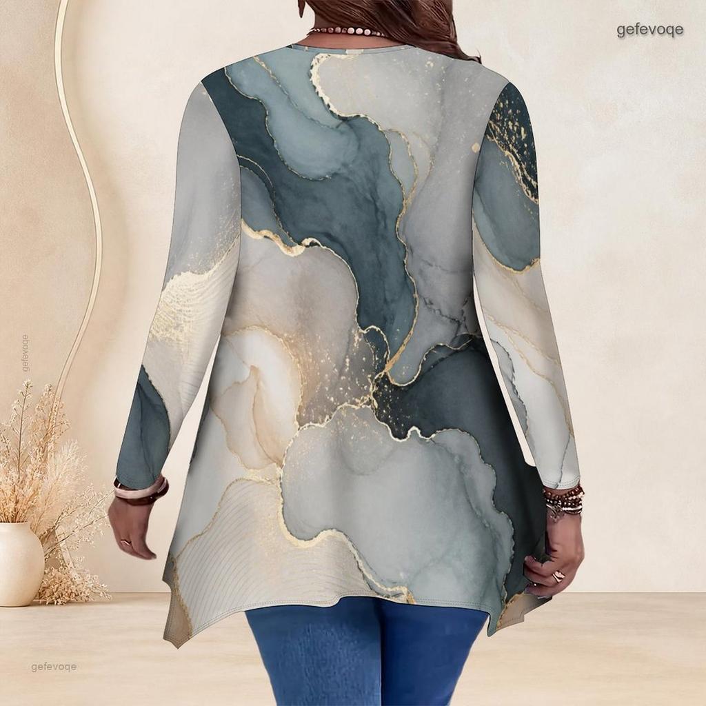 Women Plus Size V Neck Long Sleeve Abstract Leaf Print Irregular Hem Tunic Top