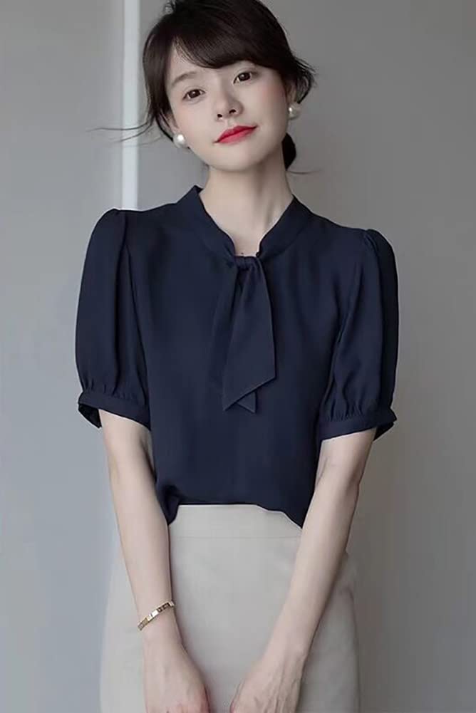 Short Clean [H. Zroy] Shirts, Blouses, Women's Tops, Chiffon, Ribbon, Summer, Sleeves, Plain, Elegant, Office, Slimming, Stylish, OL, Commuting,