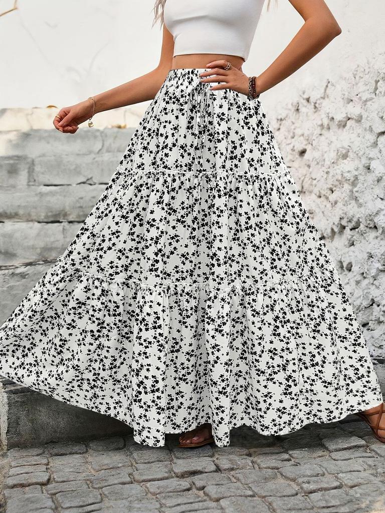 Women's Small Floral Belt Three-layer Splicing Long Skirt Spring and Summer High-end Foreign Trade Women's Skirt A-word Skirt