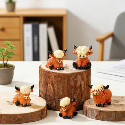 Yousheng Mini Highland Cow Figurines Handmade Resin Miniature Cow Statue Cute Farm Animal Sculpture for Home Garden Office Desk Decor DIY Micro