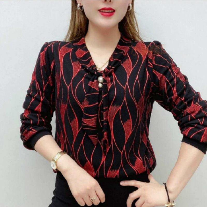 Women's Female Clothing Bandage Spring Autumn Diamonds Chic Pearl Three-dimensional Decoration Blouse Wave Printed V-Neck Shirt