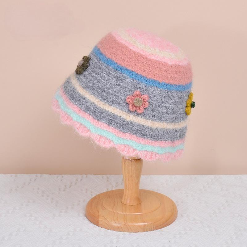 Japanese hollow knitted basin hat autumn and winter sweet dopamine wool hat women's colored flower bucket hat