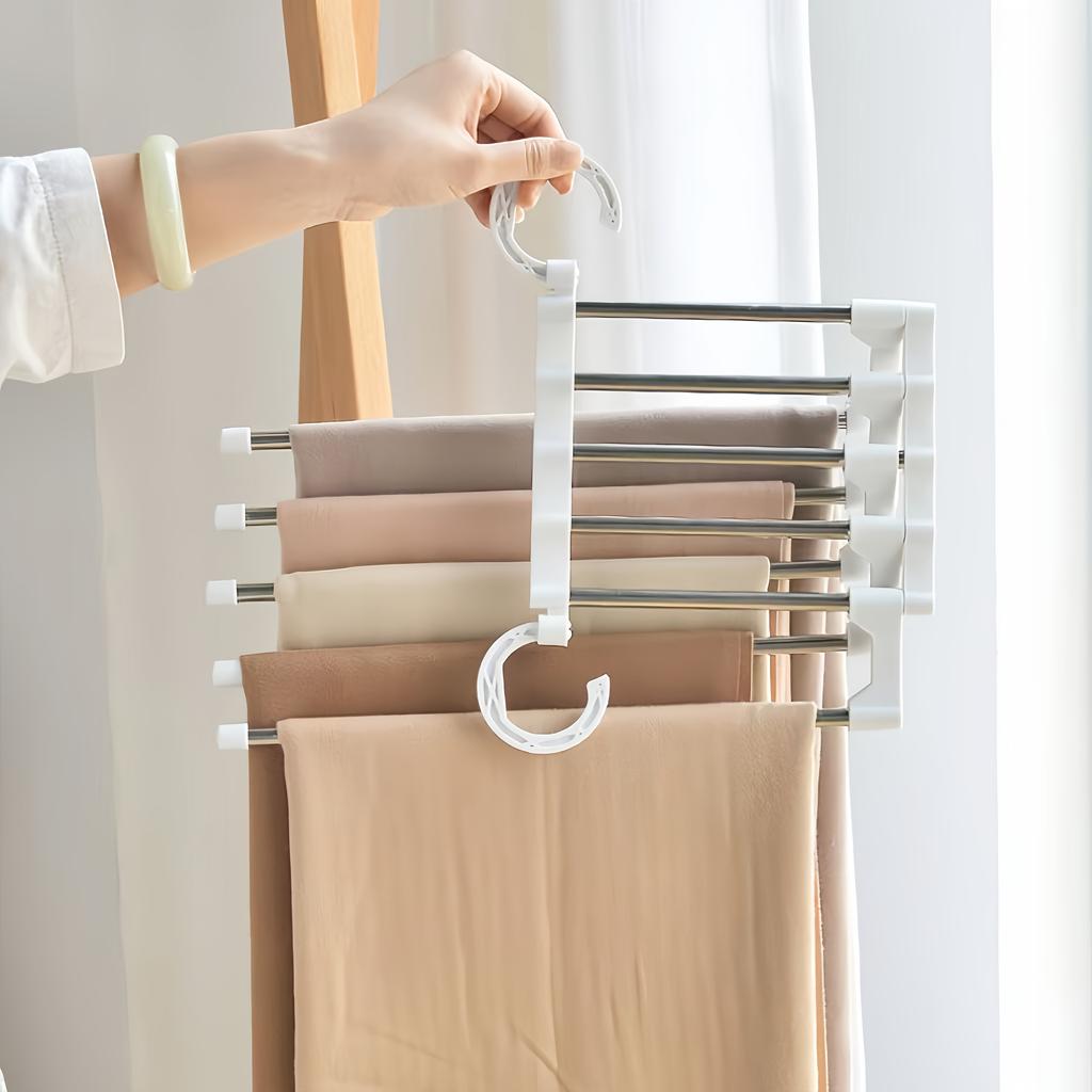 5-Bar Folding Pants Rack with Telescopic Magic Clips - Heavy-Duty Stainless Space-Saving Portable Pants Hanger