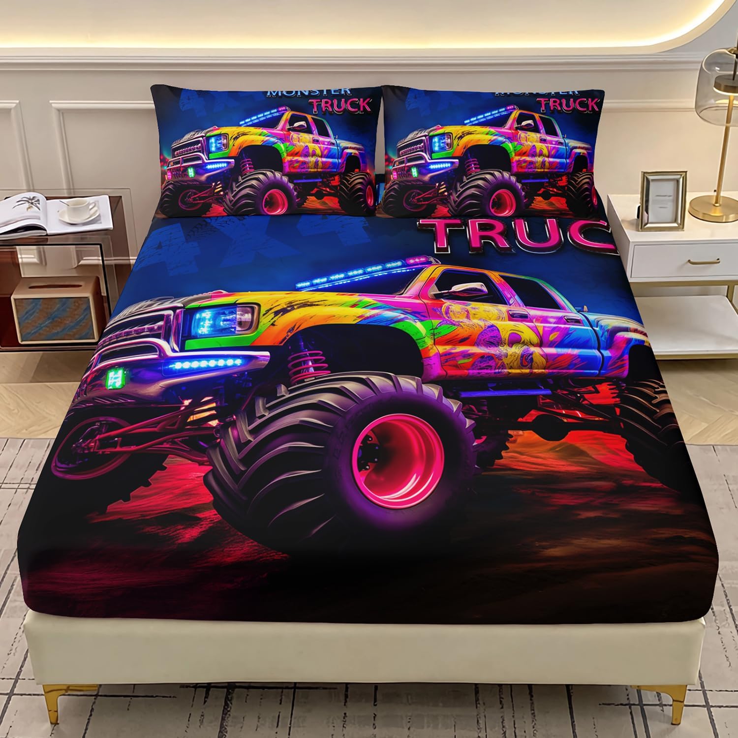 

Детский комплект простыней на резинке с монстр-траками, 3D комплект простыней с динозаврами «Космос Галактика» двуспального размера, комплект простыней на резинке и наволочек для мальчиков 90x200cm