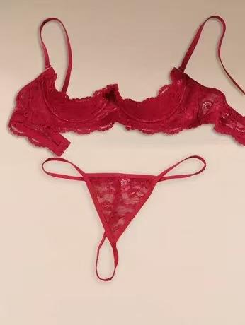 Sexy Black Lace Bare Chest Nipple Bra Gather Pure Desire Perspective Open Crotch Thong Underwear Suit Women