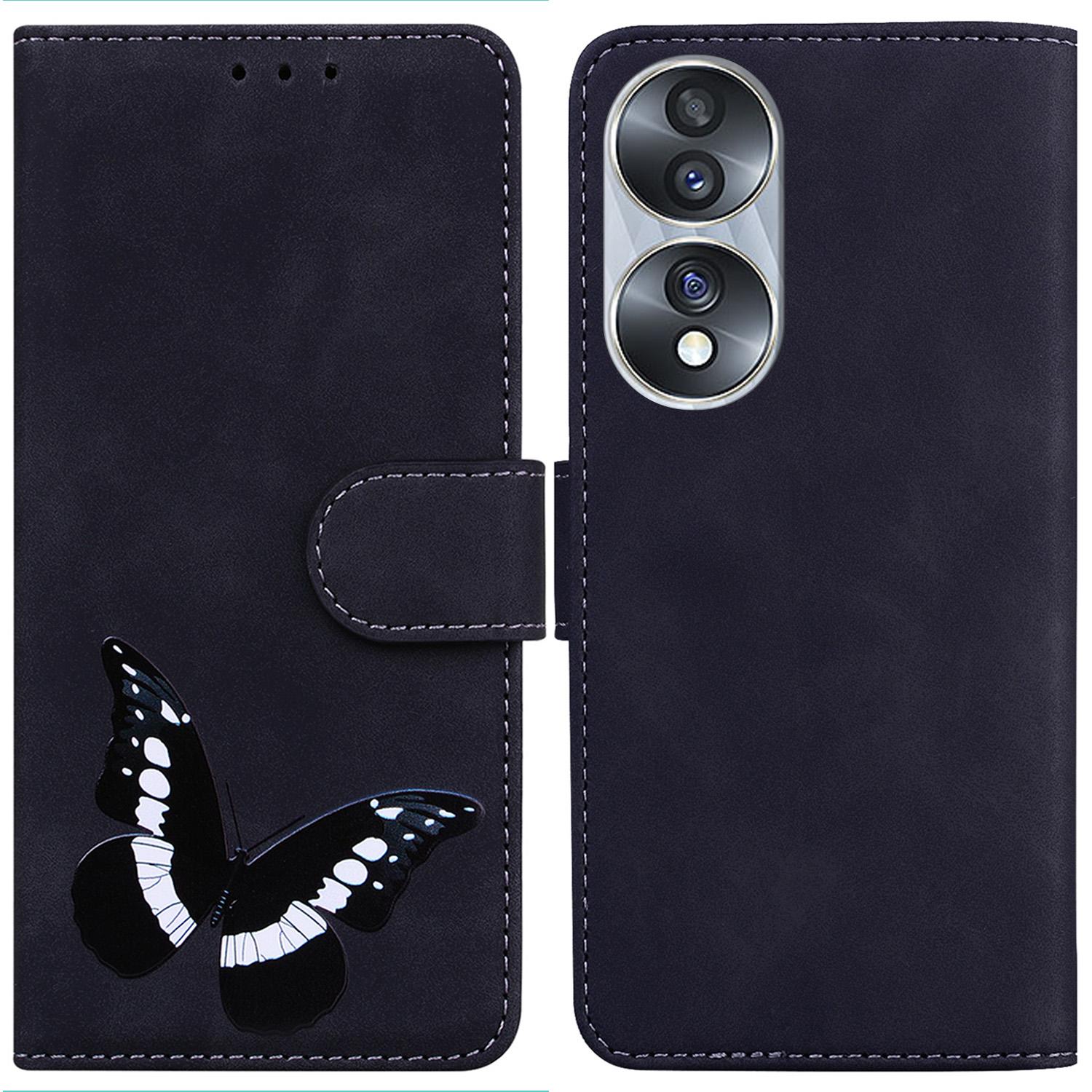

For Honor 70 5G PU Leather Wallet Phone Case Butterfly Pattern TPU Interior Stand Cover Black