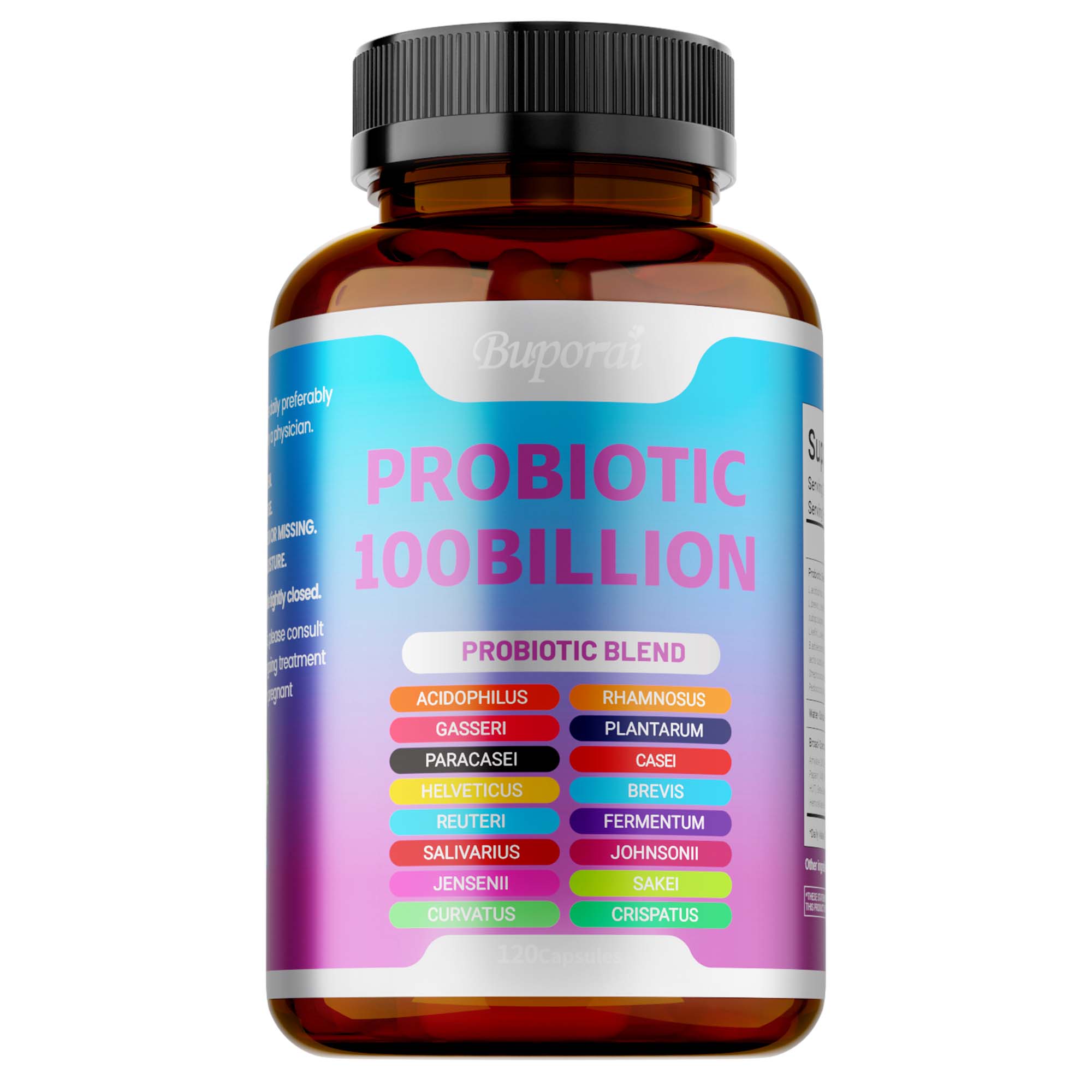 Buporai100B Probiotic Dietary Capsules, a blend of over ten active strains, provide comprehensive daily nutritional care. 120*1