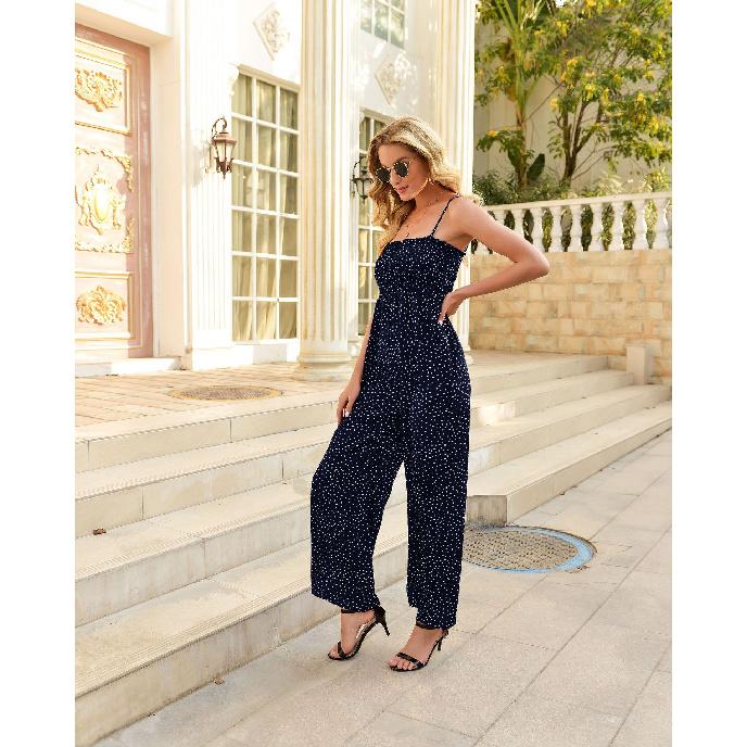 Women S Polka Dot Print Strapless Loose Wide-Leg Jumpsuit S