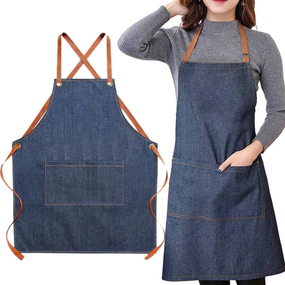 Wear-resistant Cross Back Denim Apron Dirt-resistant Studio Work Clothes Painting Apron  Waiter