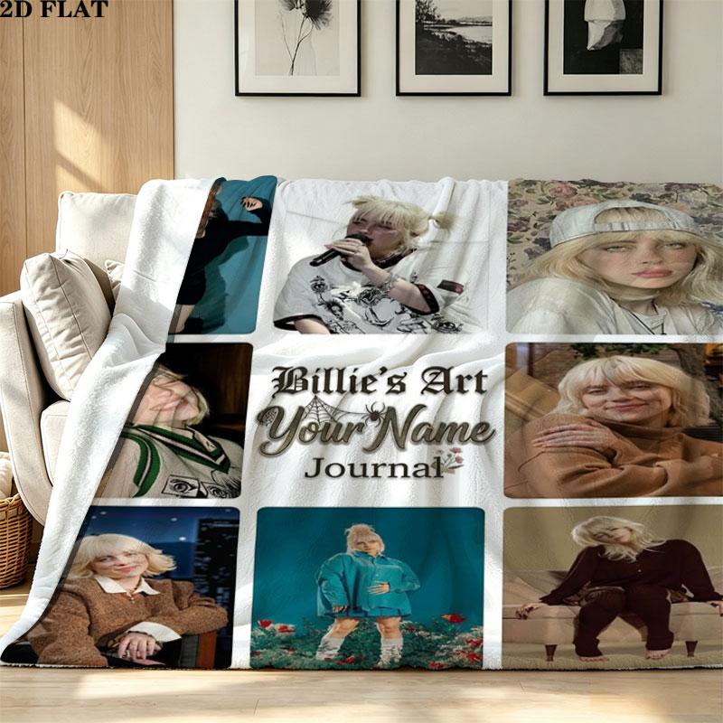 1PC Billie Eilish Custom Name Patterned Flannel Blanket Suitable For All Seasons for Home Decor Warmth and Comfort Gifts Holiday Present
