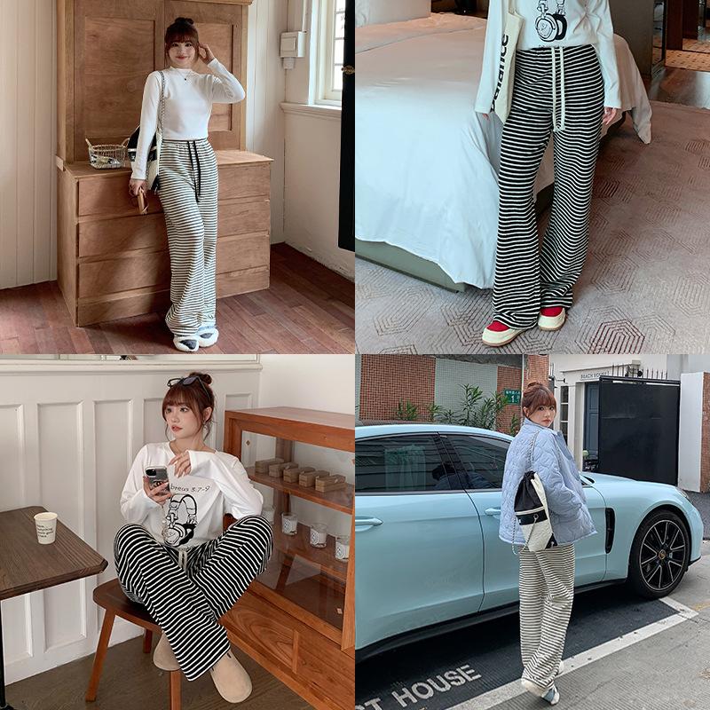 Women's High Waist Striped Terry Cloth Wide Leg Pants - Plus Size, Spring Slimming Draping, Style 63158