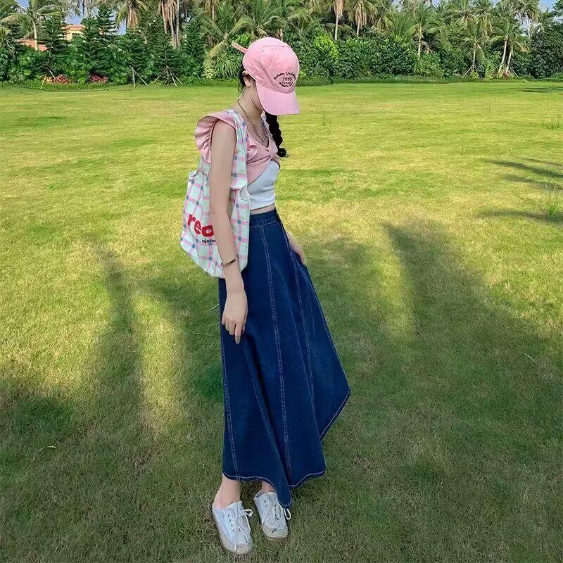 Women's 2024 Autumn Pleated Denim Midi Skirt – High Waist A-Line Umbrella Design