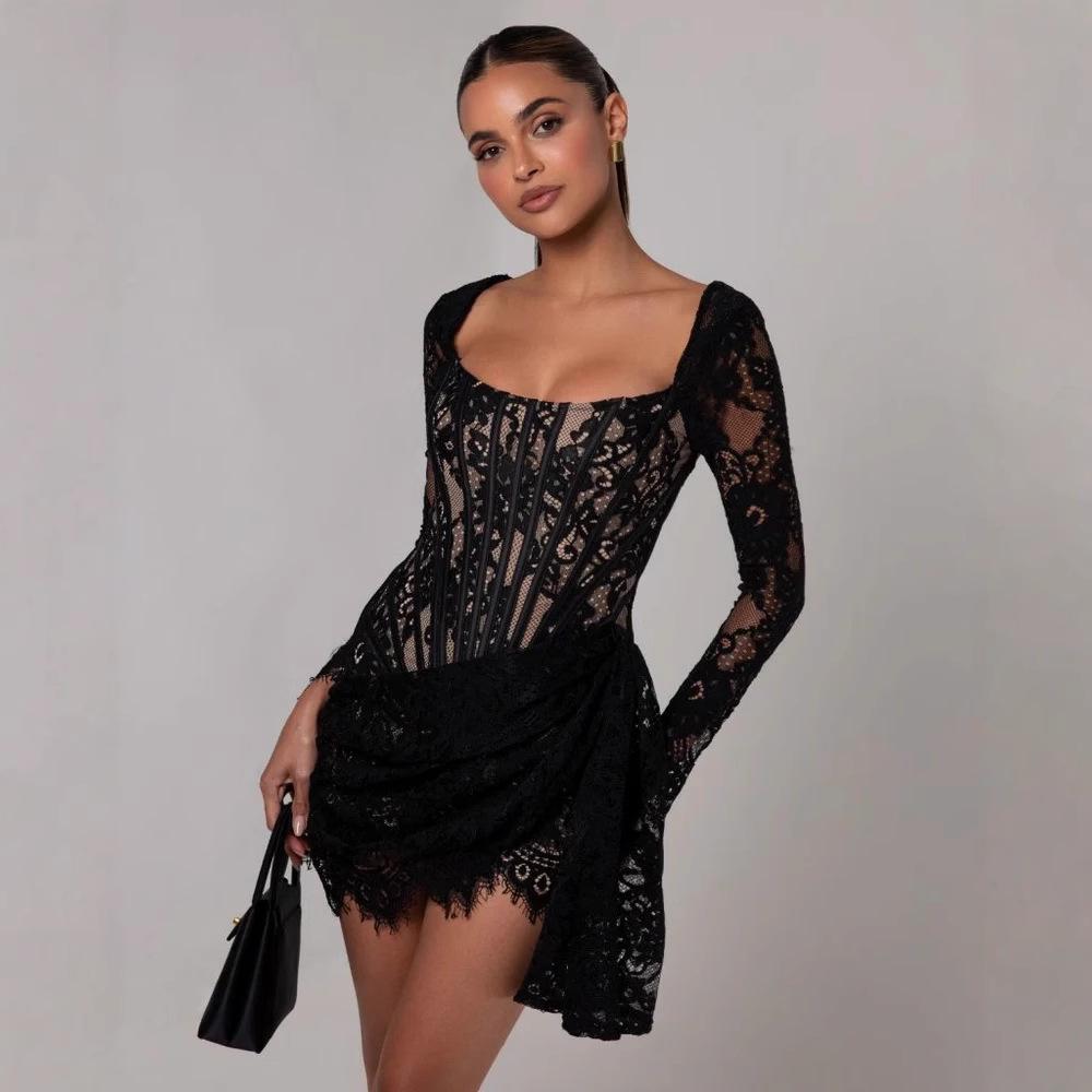 Europäisches & Amerikanisches Sexy Spitzen-Netz-Kleid mit Fischbein-Taillenformer – Langärmlig, Herbst/Winter Kurzer Rock