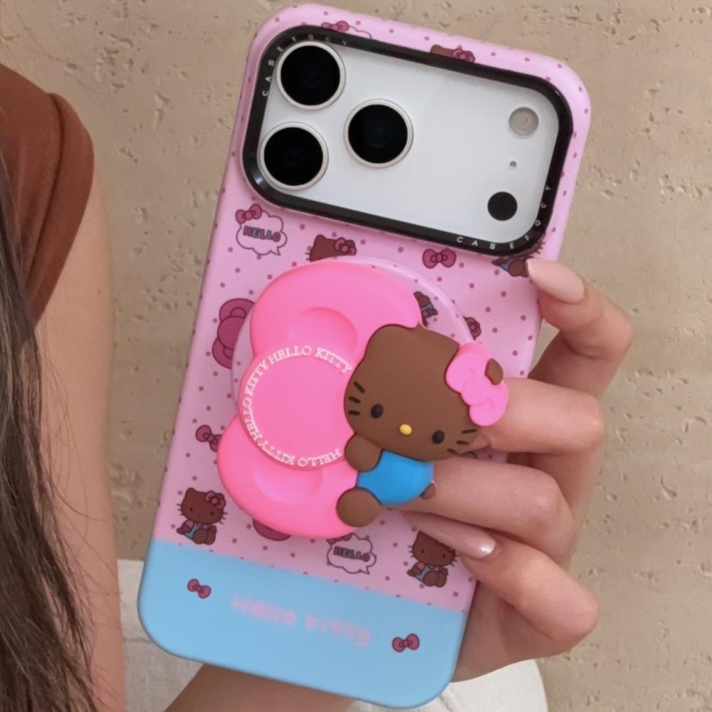 Fashion Cute KT Holding Bow Tie Phone Case For iPhone 17 16 Pro 15 14 Pro Max Cover with Stand Shockproof Protective Cases