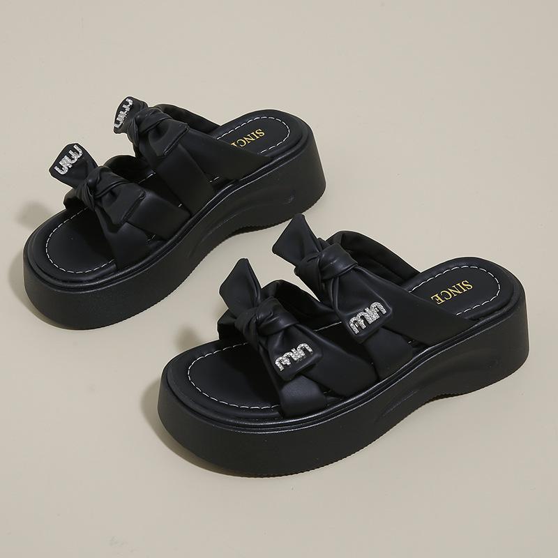 Bow stepping on shit slippers fairy fairy wind 2025 summer versatile one-word sandals thick-soled seaside beach sandals