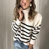 Fashion Women Stripes Buttons High-necked Long Sleeves Tops Pullover Sweater
