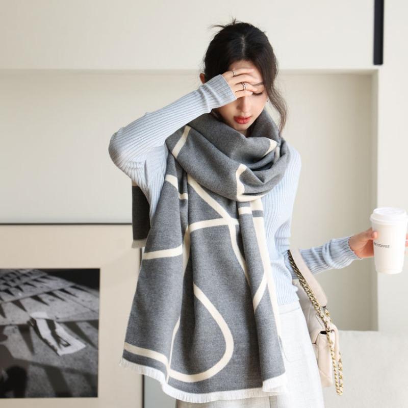 New blended wool scarf women's autumn and winter double-sided letter jacquard shawl high-end versatile thickened scarf shawl