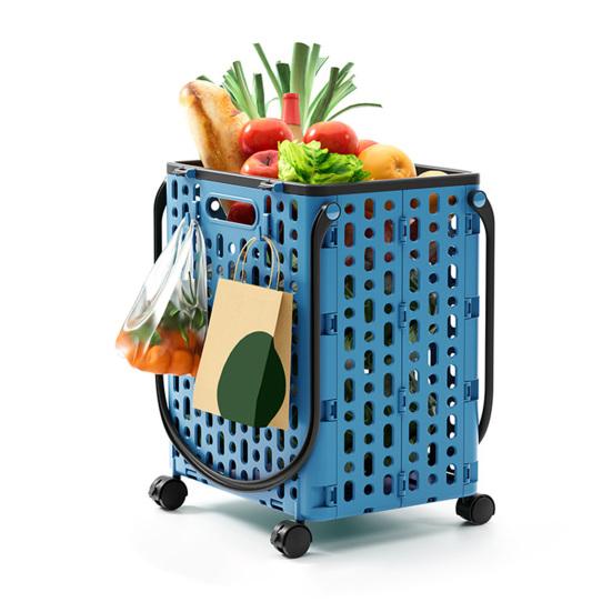 Folding Shopping Cart Collapsible Utility Cart with 360-Degree Swivel Wheels Lightweight Foldable Rolling Cart with Hooks for Grocery Shopping Laundry