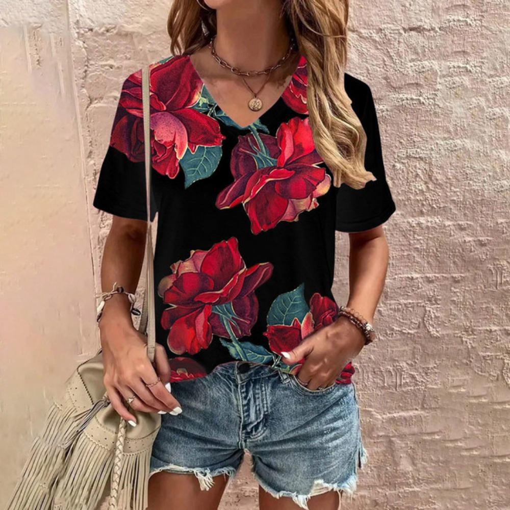 

Summer Women s Short Sleeved T-shirt Daily Leisure Grace Elegant V-neck T-shirt Fashion Flower Pattern Print XL