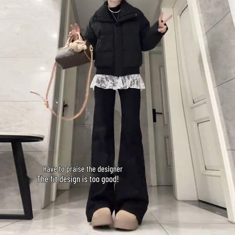 Women's Black Petite Velvet Micro Flare Jeans - Slimming Autumn/Winter Floor-Length Pants