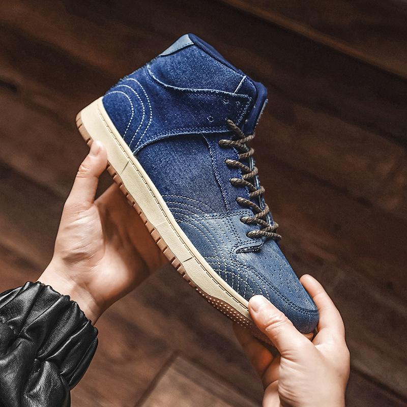 

Мужская обувь среднего и высокого кроя в стиле ретро на осень и зиму из денима, подходящая по цвету мужская обувь, повседневная спортивная обувь, модная мужская обувь 44 синий