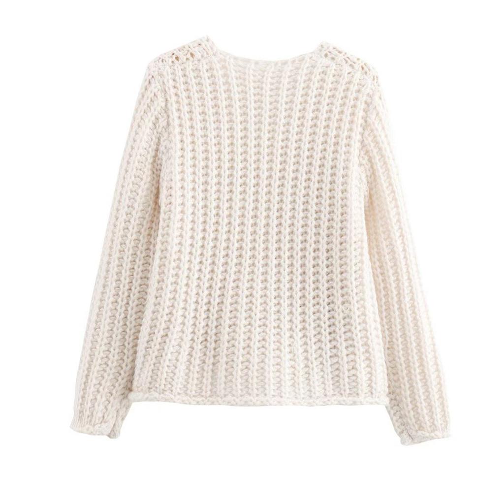 Women's Solid Color Single Breasted Double Pocket Cropped Chunky Knit Cardigan Jacket Sweater