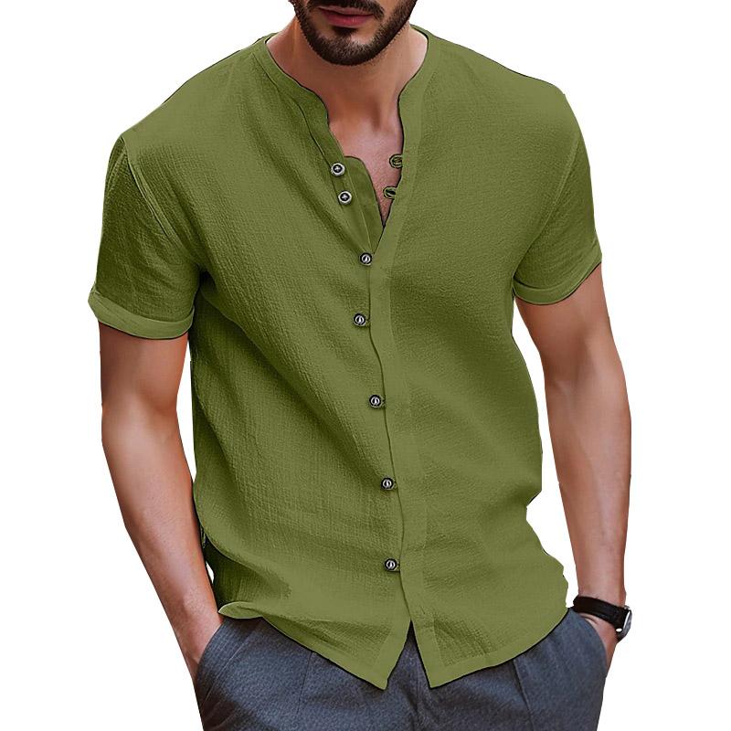 Letnia biała koszula męska bawełniane lniane topy męskie guziki z krótkim rękawem jednokolorowe niebieskie czarne koszule
