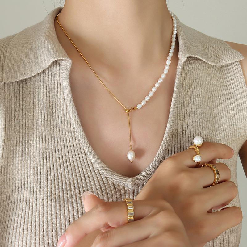 Retro Design Necklace: Titanium Steel with French Freshwater Pearl & Adjustable Tassel Pendant, Non-fading.