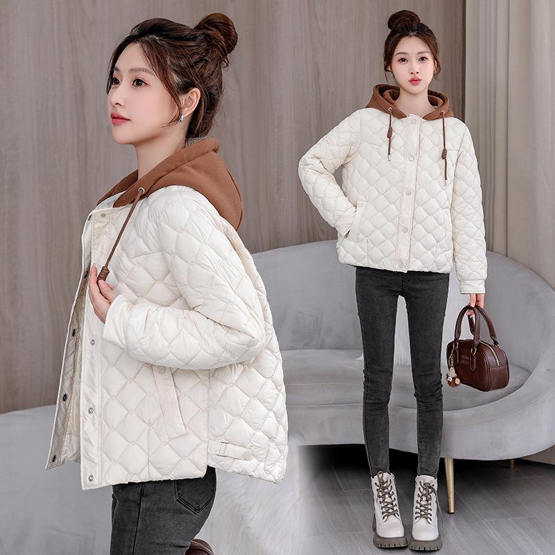 Diamond lattice down cotton jacket women's short autumn and winter new light and light padded cotton jacket hooded padded jacket