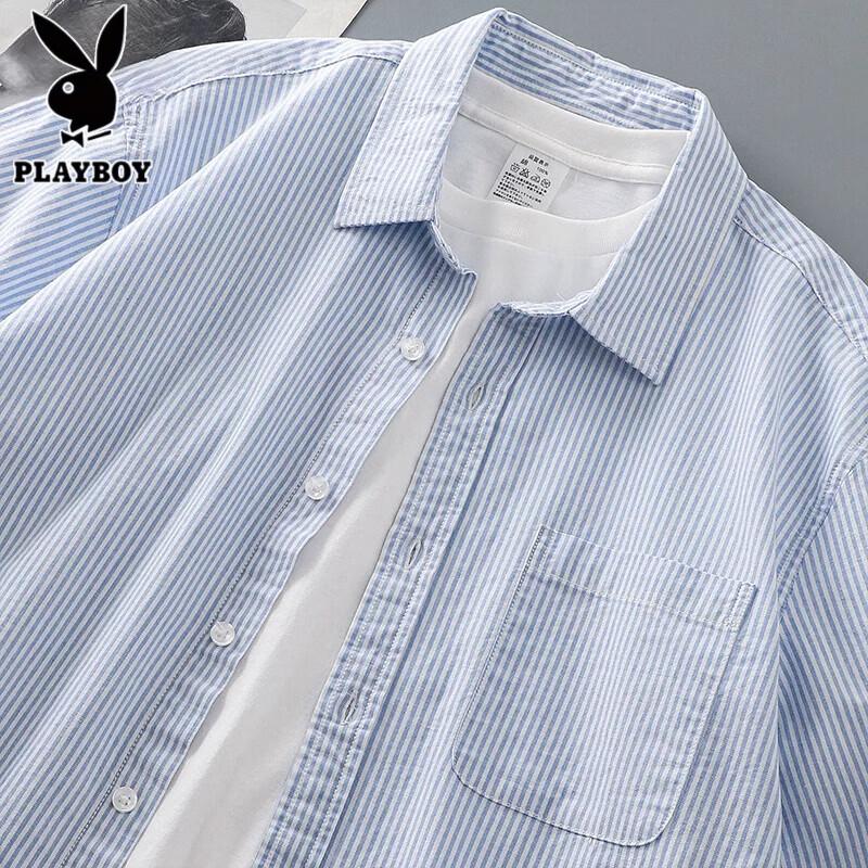 

PLAYBOY Men s Heavy Blue and White Stripe Short Sleeve Shirt L